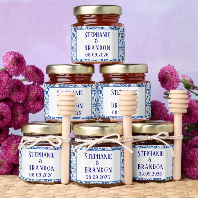 Portuguese Tiles Blue Mediterranean Wedding Honey Jar Favors (Insitu)