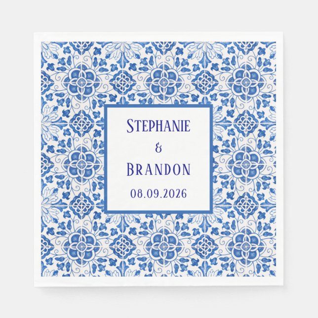 Portuguese Tiles Blue Mediterranean Wedding Napkins (Front)
