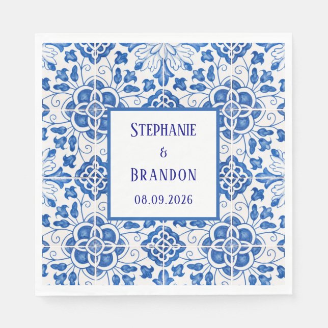 Portuguese Tiles Blue Mediterranean Wedding Napkins (Front)