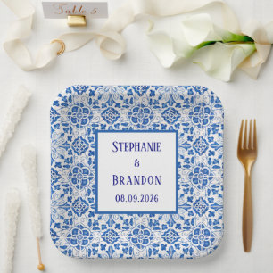 Portuguese Tiles Blue Mediterranean Wedding Paper Plates