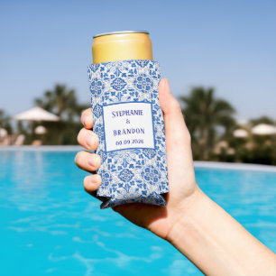 Portuguese Tiles Blue Mediterranean Wedding Seltzer Can Cooler