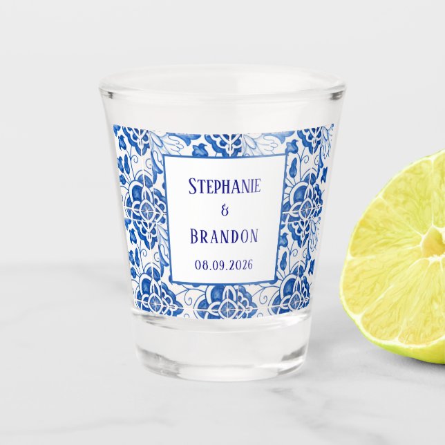 Portuguese Tiles Blue Mediterranean Wedding Shot Glass (Front)