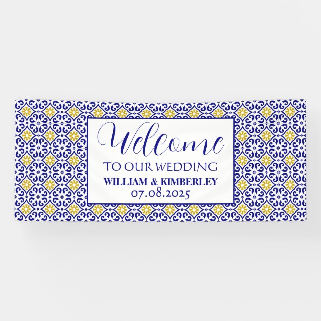 Portuguese Tiles Blue Rustic Elegant Wedding Banner (Horizontal)