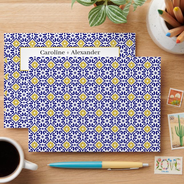 Portuguese tiles Blue Wedding Return Address Envelope (Desk)