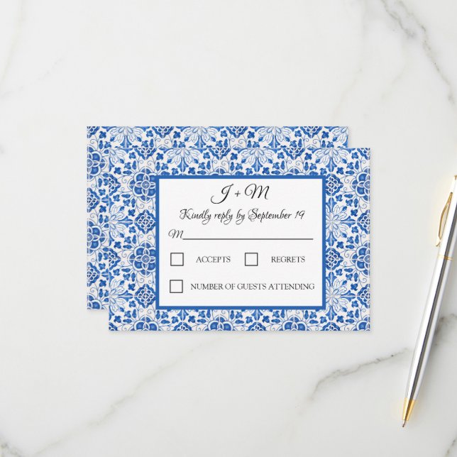 Portuguese Tiles Blue White Mediterranean RSVP (Front/Back In Situ)