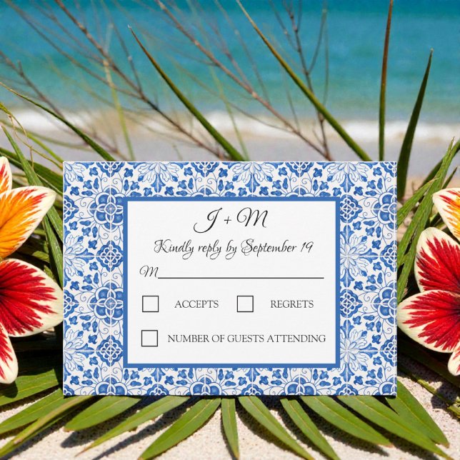 Portuguese Tiles Blue White Mediterranean RSVP Card (Creator Uploaded)