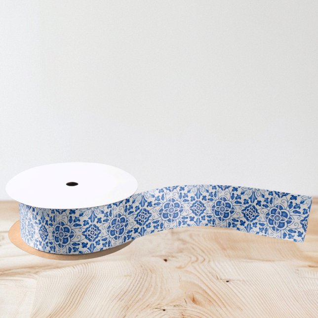 Portuguese tiles Blue White Mediterranean  Satin Ribbon (Creator Uploaded)