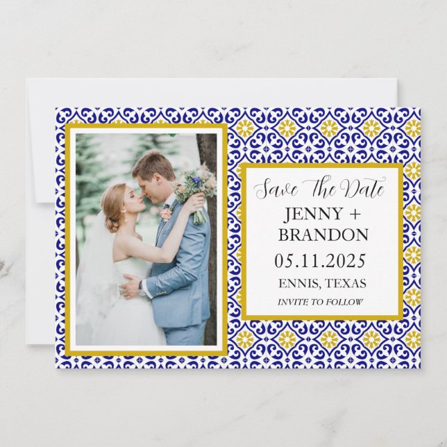 Portuguese tiles Blue White Photo Wedding Save The Date (Front)