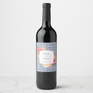 Portuguese Tiles Colorful Fruit Flowers Wedding Wine Label