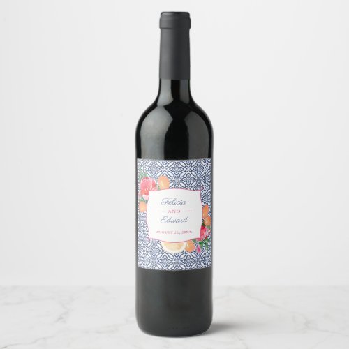 Portuguese Tiles Colorful Fruit Flowers Wedding Wine Label