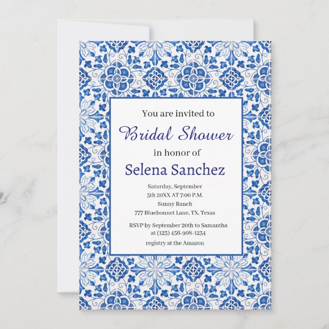 Portuguese tiles Floral Blue Bridal Shower  Invitation (Front)