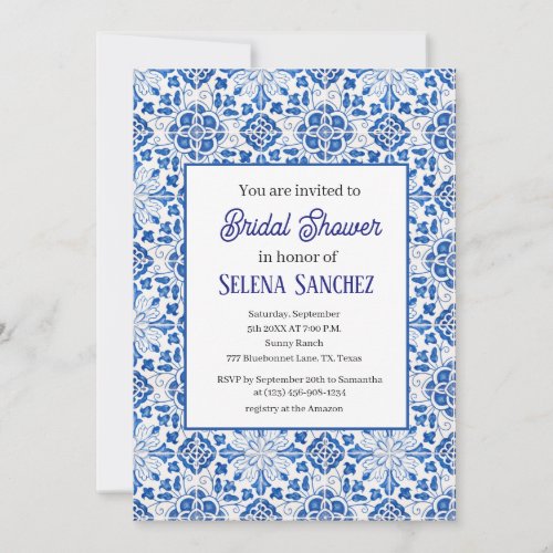 Portuguese tiles Floral Watercolor Bridal Shower  Invitation