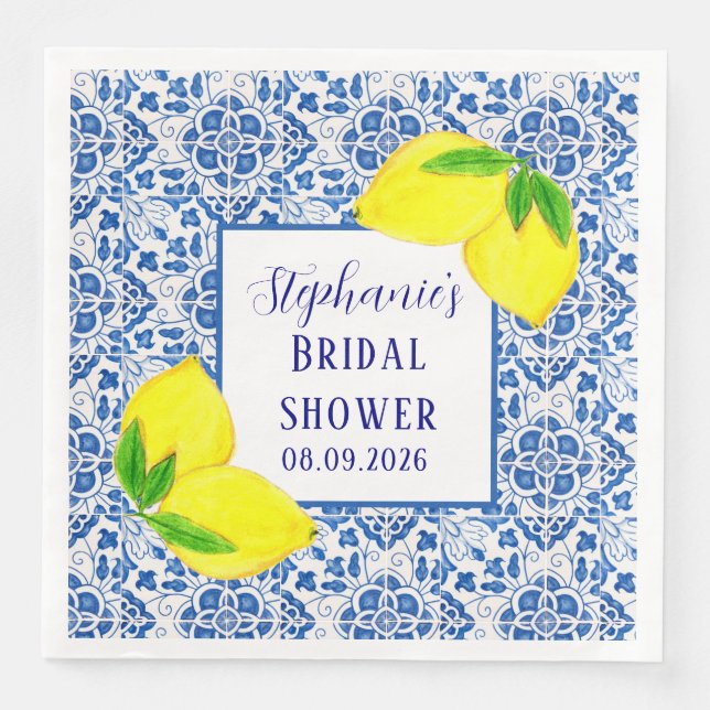 Portuguese Tiles Lemon Mediterranean Bridal shower Paper Dinner Napkins (Front)