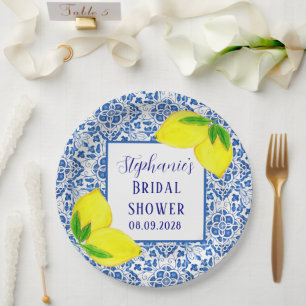 Portuguese Tiles Lemon Mediterranean Bridal shower Paper Plates