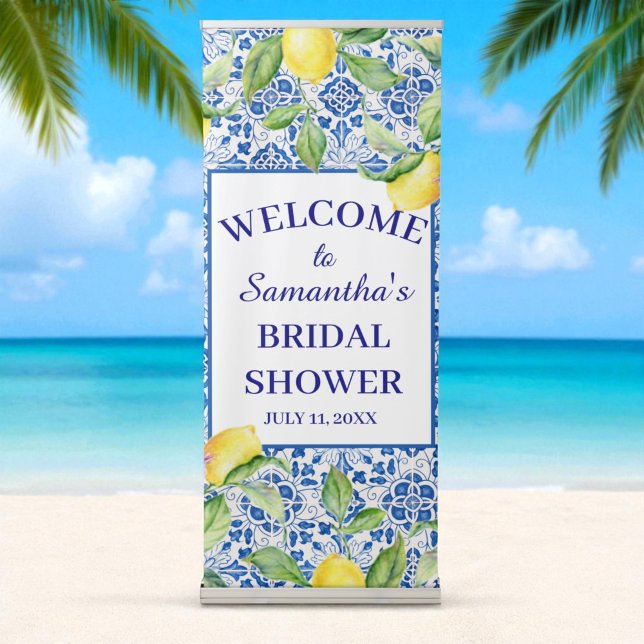 Portuguese tiles Lemon Mediterranean Bridal Shower Retractable Banner (Creator Uploaded)