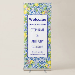 Portuguese Tiles Lemons Blue Elegant Wedding Retractable Banner