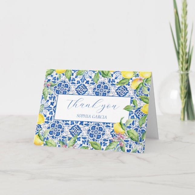 Portuguese Tiles Lemons Bridal Shower Thank you  Card (Front)