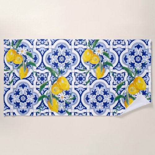 Portuguese tileslemonsfruitssummer art       beach towel