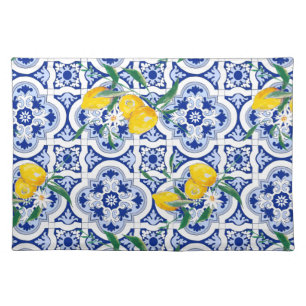 Portuguese tiles,lemons,fruits,summer art cloth placemat