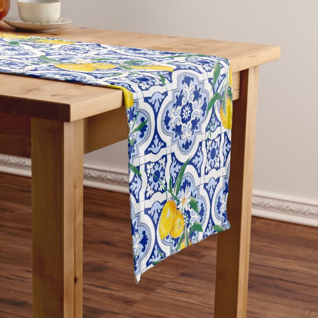 Portuguese tiles,lemons,fruits,summer art     short table runner (In Situ)
