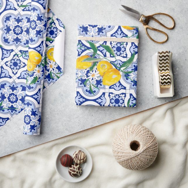 Portuguese tiles,lemons,fruits,summer art        wrapping paper (Crafts)