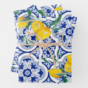 Portuguese tiles,lemons,fruits,summer art         wrapping paper sheets