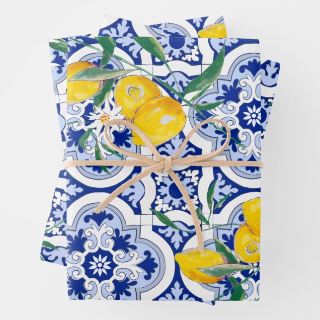 Portuguese tiles,lemons,fruits,summer art         wrapping paper sheets (In situ)