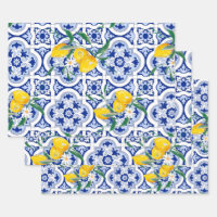 Farmhouse Rustic Country Lemons Blue Floral Wrapping Paper Sheets