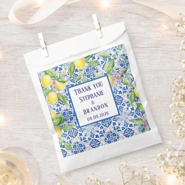 Portuguese Tiles Lemons Mediterranean Wedding Favor Bag (Clipped)