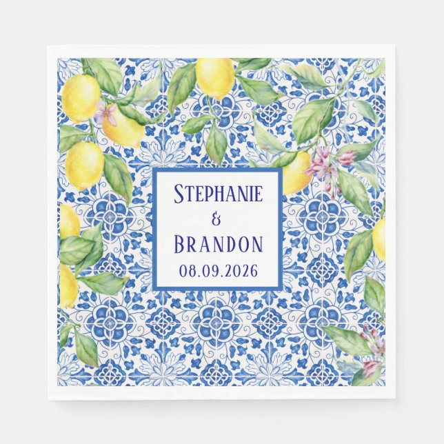 Portuguese Tiles Lemons Mediterranean Wedding Napkins (Front)