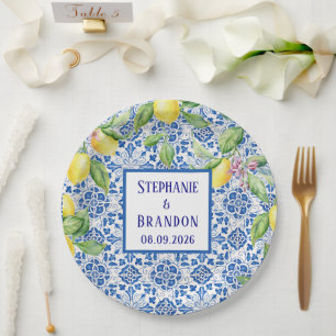 Portuguese Tiles Lemons Mediterranean Wedding Paper Plates