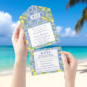 Portuguese Tiles Lemons Rustic Initials Wedding  All In One Invitation