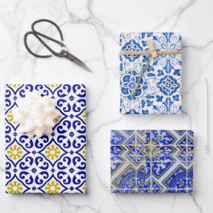 Portuguese Tiles Mediterranean Blue Floral Wrapping Paper Sheets