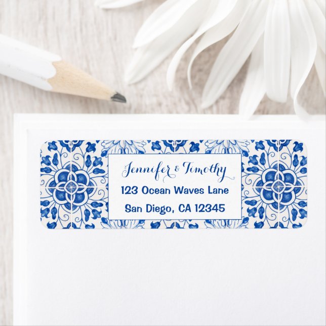 Portuguese Tiles Mediterranean Blue Wedding Label (Insitu)