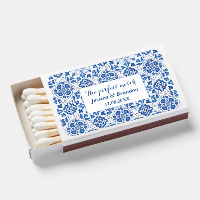 Portuguese Tiles Mediterranean Blue Wedding Matchboxes (Front Open)