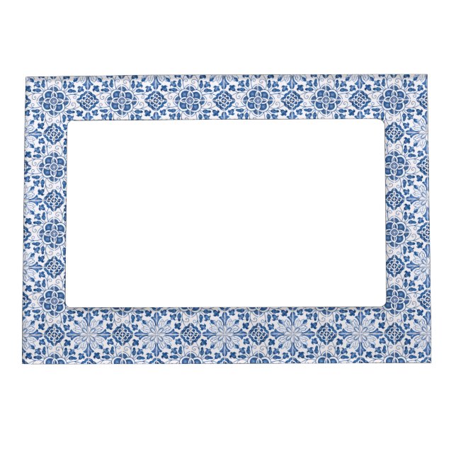 Portuguese tiles Mediterranean Blue White Pattern Magnetic Frame (Front)