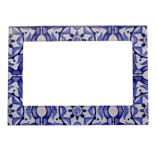 Portuguese tiles Mediterranean Blue White Pattern Magnetic Frame (Front)