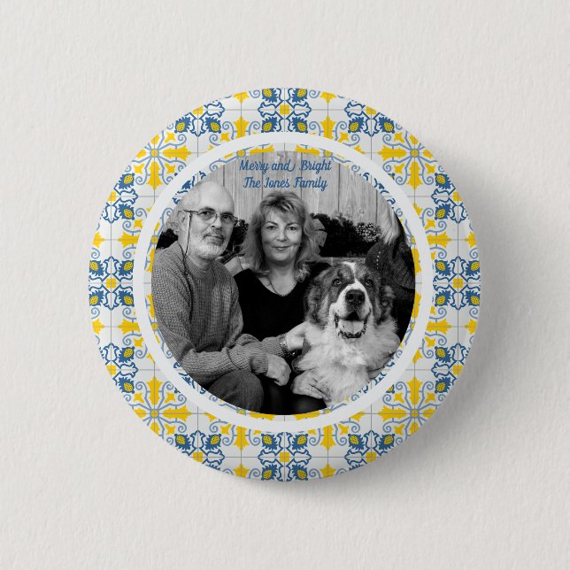 Portuguese Tiles Photo frame for family Christmas Button (Front)