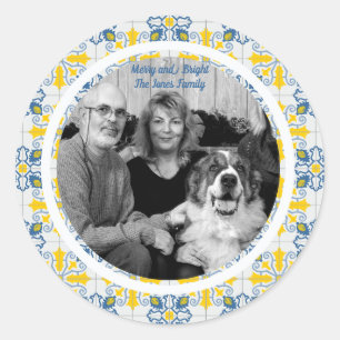 Portuguese Tiles Photo frame for family Christmas Classic Round Sticker