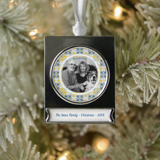  Portuguese tiles photo frame for family reunion  Silver Plated Banner Ornament (Tree)