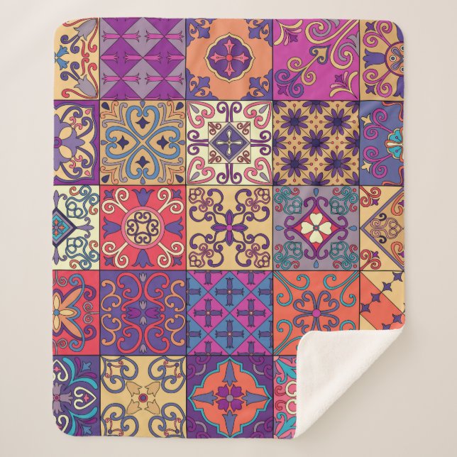 Portuguese Tiles Talavera Style Pattern Sherpa Blanket (Front)