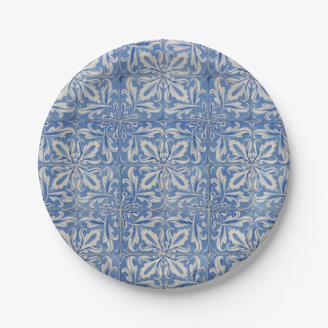 Portuguese Tiles Vintage Azulejos Blue White  Paper Plates (Front)