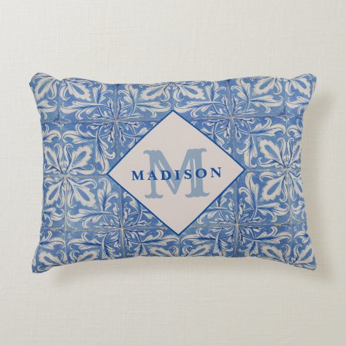 Portuguese Tiles Vintage Blue White Monogram Accent Pillow