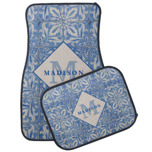 Portuguese Tiles Vintage Blue White Monogram Car Floor Mat