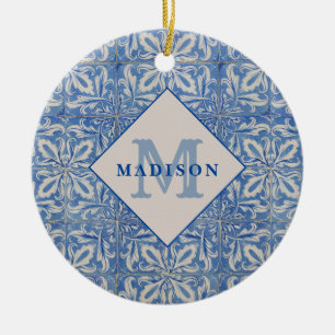 Portuguese Tiles Vintage Blue White Monogram Ceramic Ornament