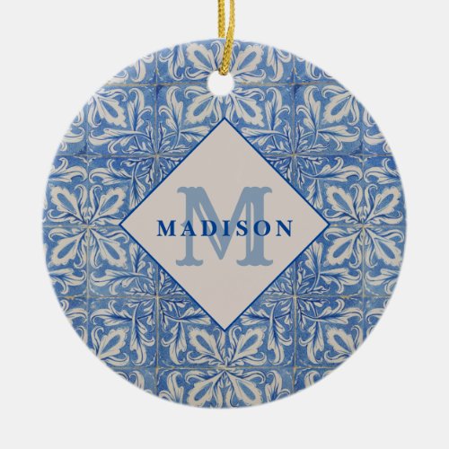 Portuguese Tiles Vintage Blue White Monogram  Ceramic Ornament