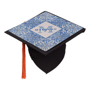 Portuguese Tiles Vintage Blue White Monogram Graduation Cap Topper
