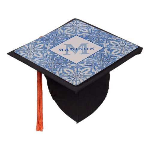 Portuguese Tiles Vintage Blue White Monogram  Graduation Cap Topper