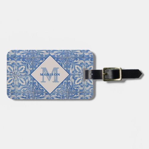 Portuguese Tiles Vintage Blue White Monogram  Luggage Tag