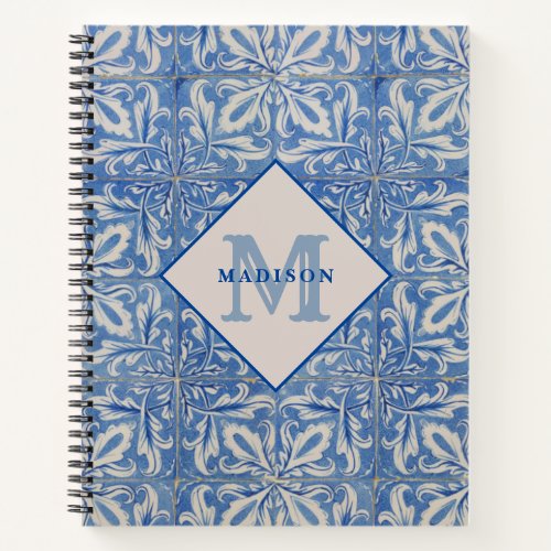 Portuguese Tiles Vintage Blue White Monogram Notebook